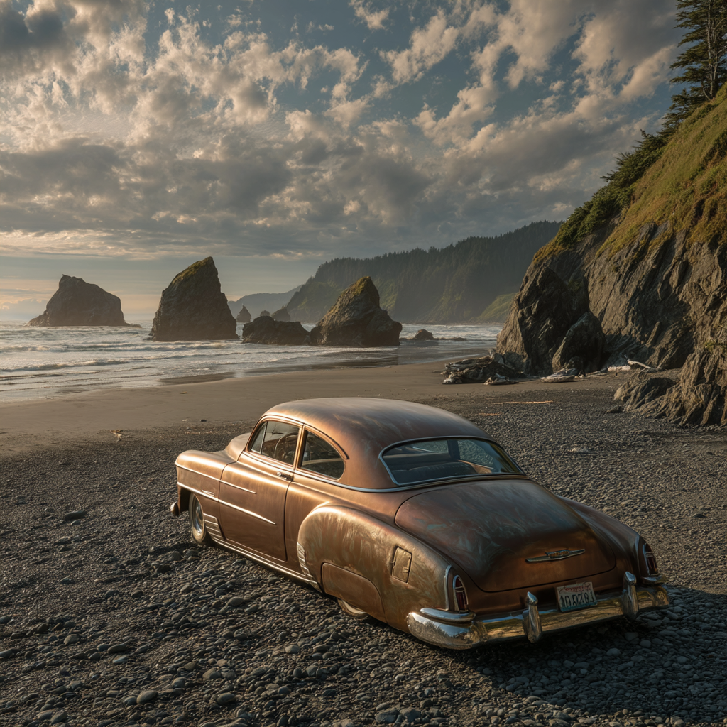 Wälder Und Wiesen Alter Rustiger Auto Am Strand Mit Klippen Hintergrund Und Meer Unter Einem Wolken Himmel | Waelder und Wiesen | Landschaften