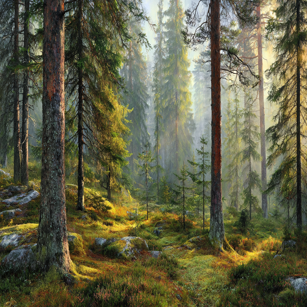 Wälder Und Wiesen Friedlicher Wald Mit Tannenbäumen Und Weichem Licht | Waelder und Wiesen | Landschaften