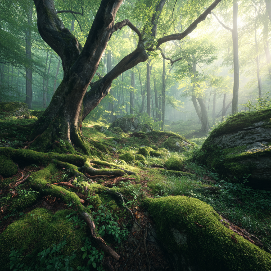 Wälder Und Wiesen Mistiger Wald Mit Grossem Baum Und Moosbedecktem Boden | Waelder und Wiesen | Landschaften