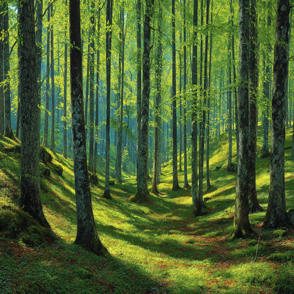 Wälder Und Wiesen Ruhiger Wald Mit Licht Durch Bäume Und Gras Bewachsener Boden | Waelder und Wiesen | Landschaften