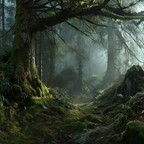 Wälder Und Wiesen Serene Waldszene Mit Nebel Und Luftigen Weg Durch Dichte Pflanzen | Waelder und Wiesen | Landschaften