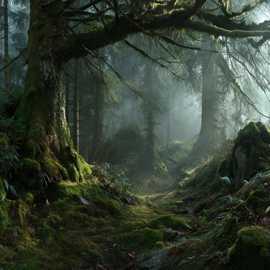 Wälder Und Wiesen Serene Waldszene Mit Nebel Und Luftigen Weg Durch Dichte Pflanzen | Waelder und Wiesen | Landschaften