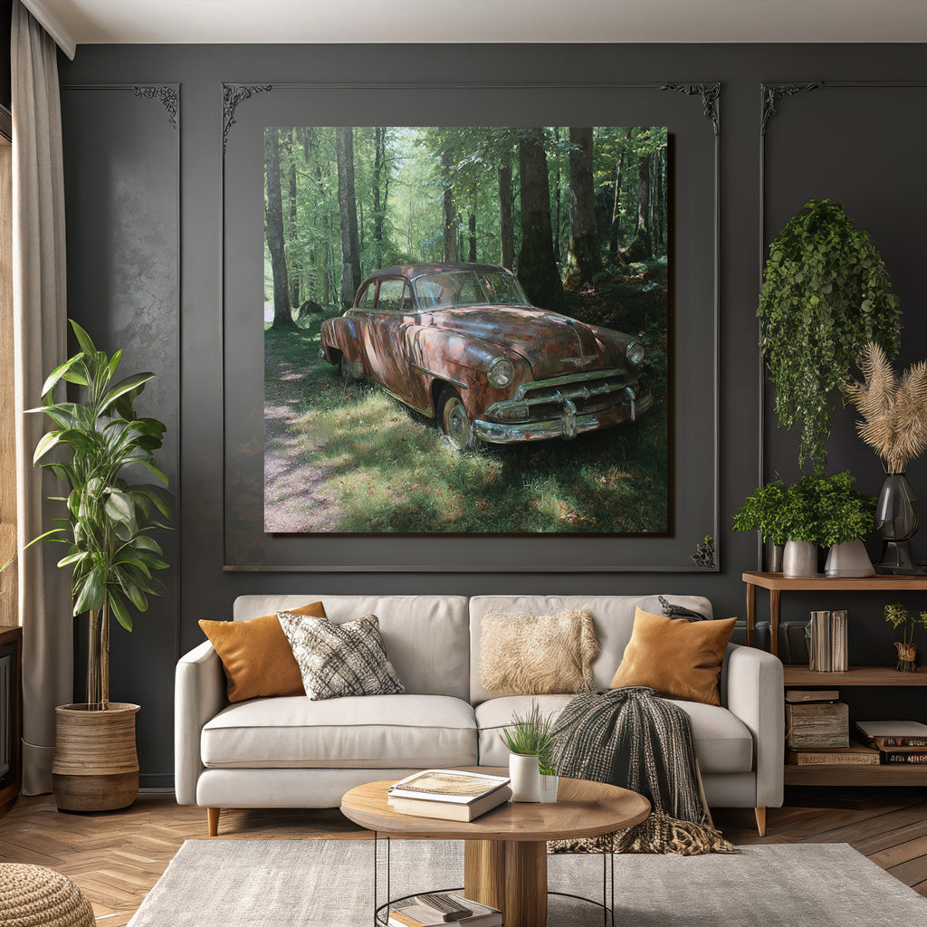 Forests and meadows Old rusty cars in green surroundings with trees
