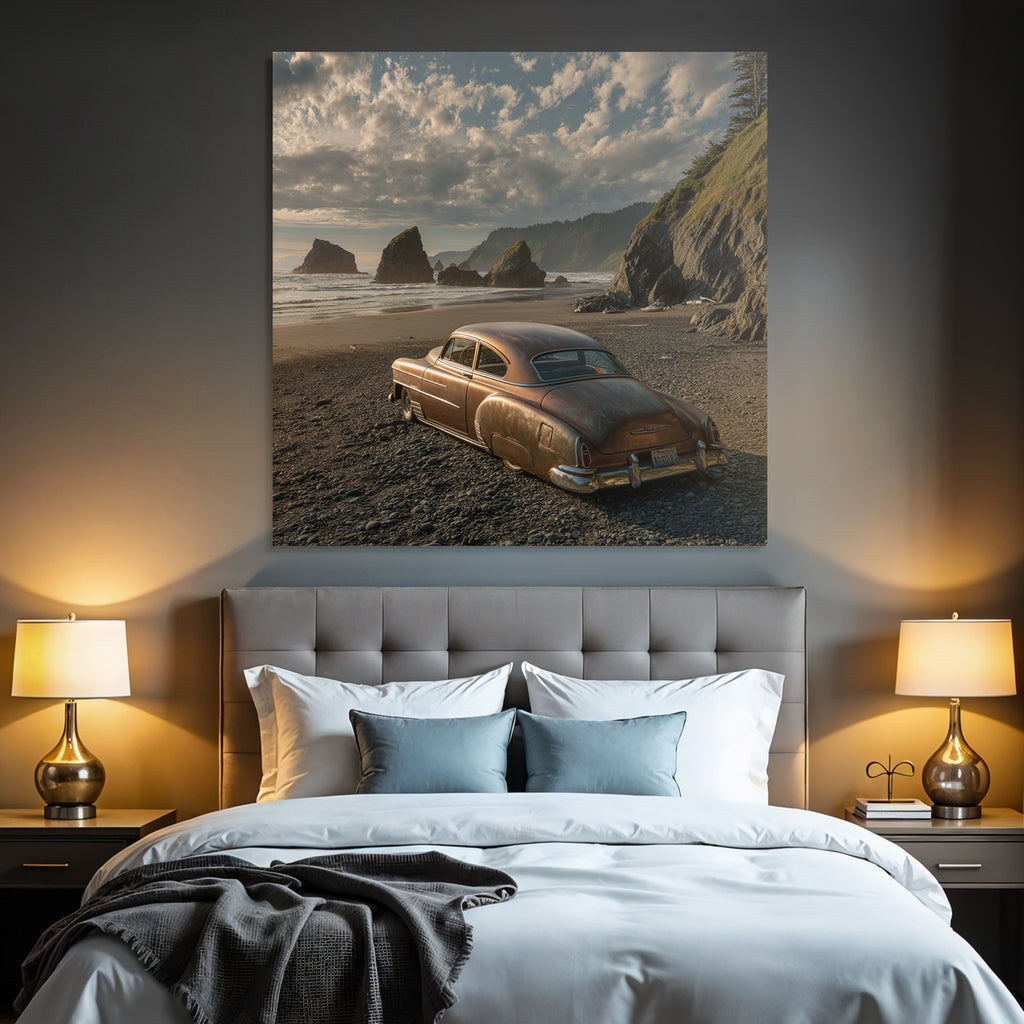 Forests and meadows. Old rusty car on the beach with cliffs in the background and sea under a cloudy sky.