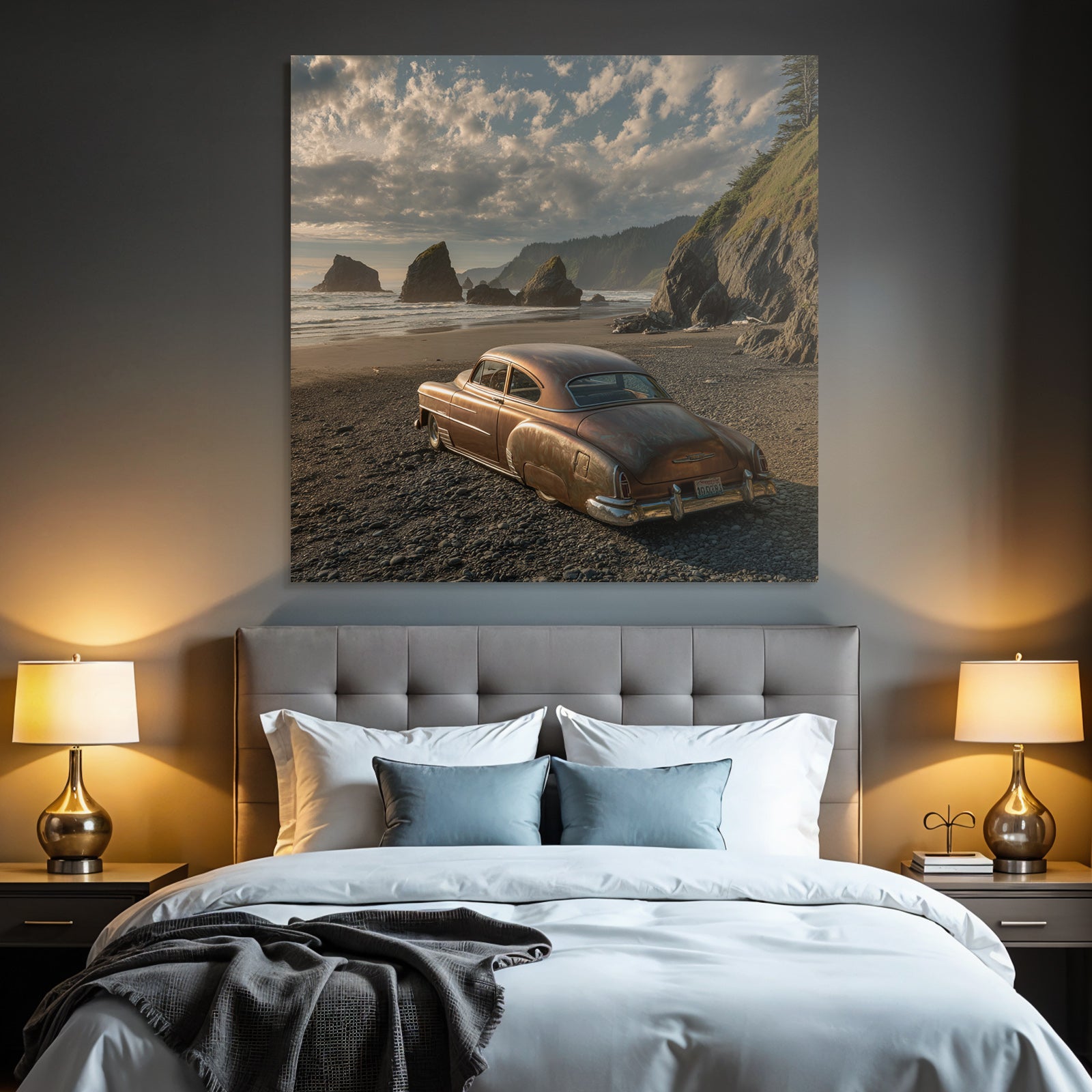 Forests and meadows. Old rusty car on the beach with cliffs in the background and sea under a cloudy sky.