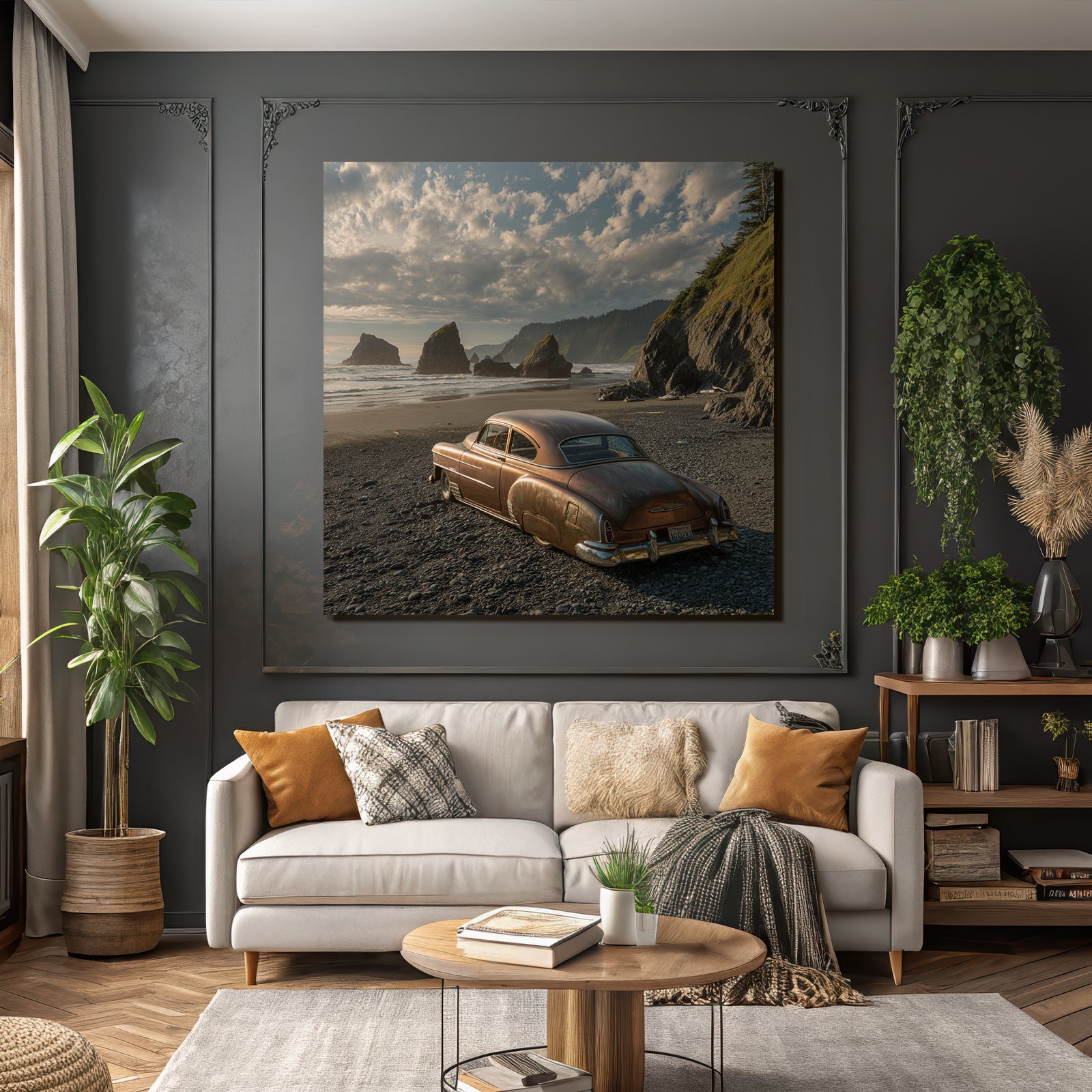Forests and meadows. Old rusty car on the beach with cliffs in the background and sea under a cloudy sky.