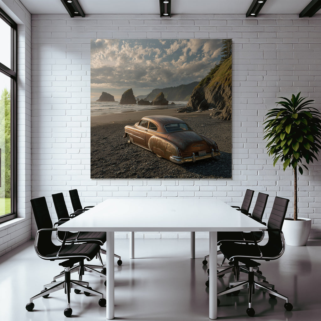 Forests and meadows. Old rusty car on the beach with cliffs in the background and sea under a cloudy sky.