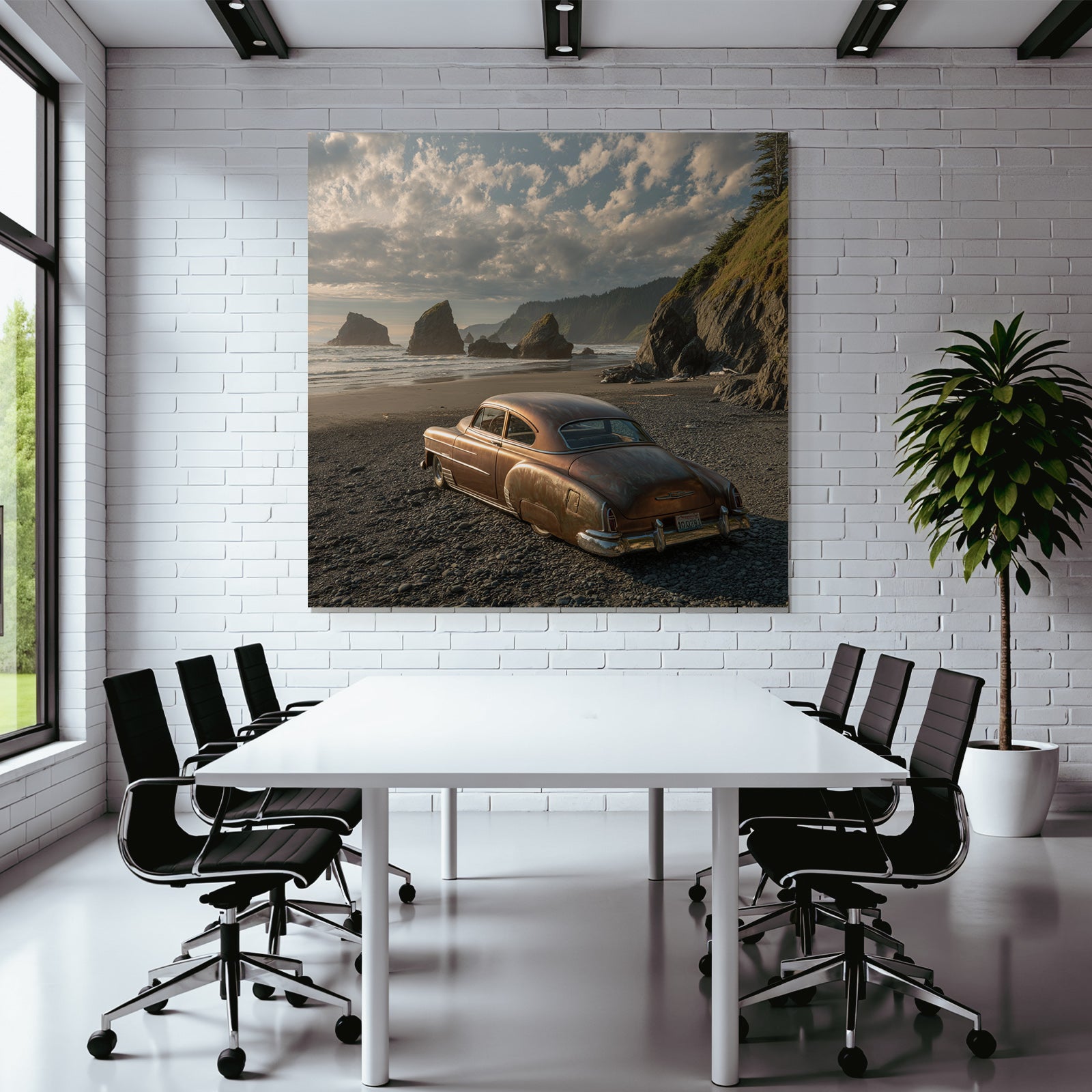 Forests and meadows. Old rusty car on the beach with cliffs in the background and sea under a cloudy sky.