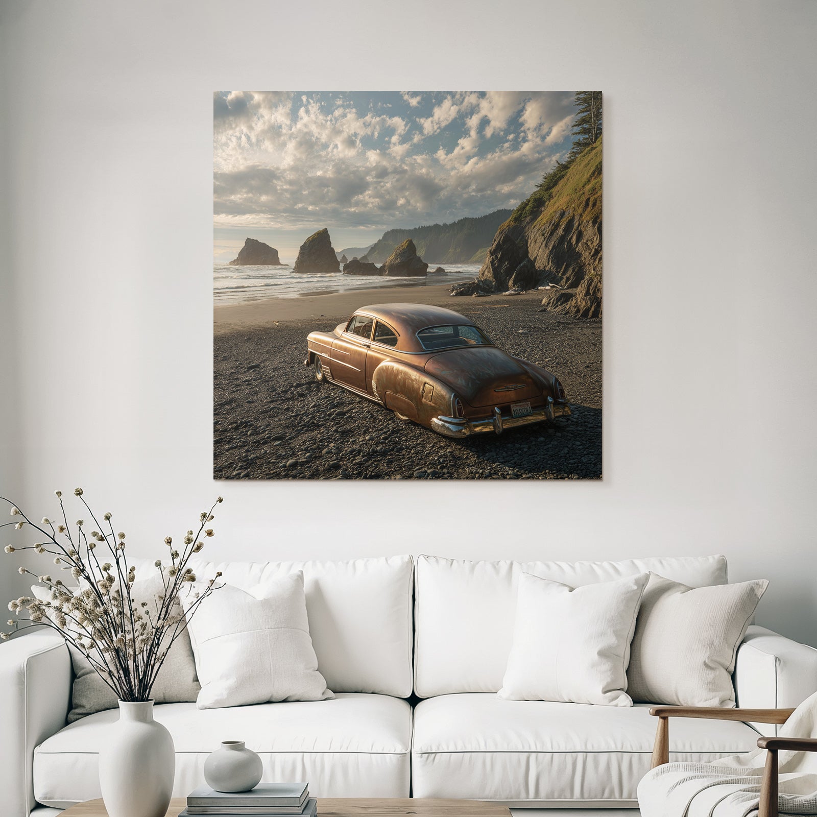 Forests and meadows. Old rusty car on the beach with cliffs in the background and sea under a cloudy sky.
