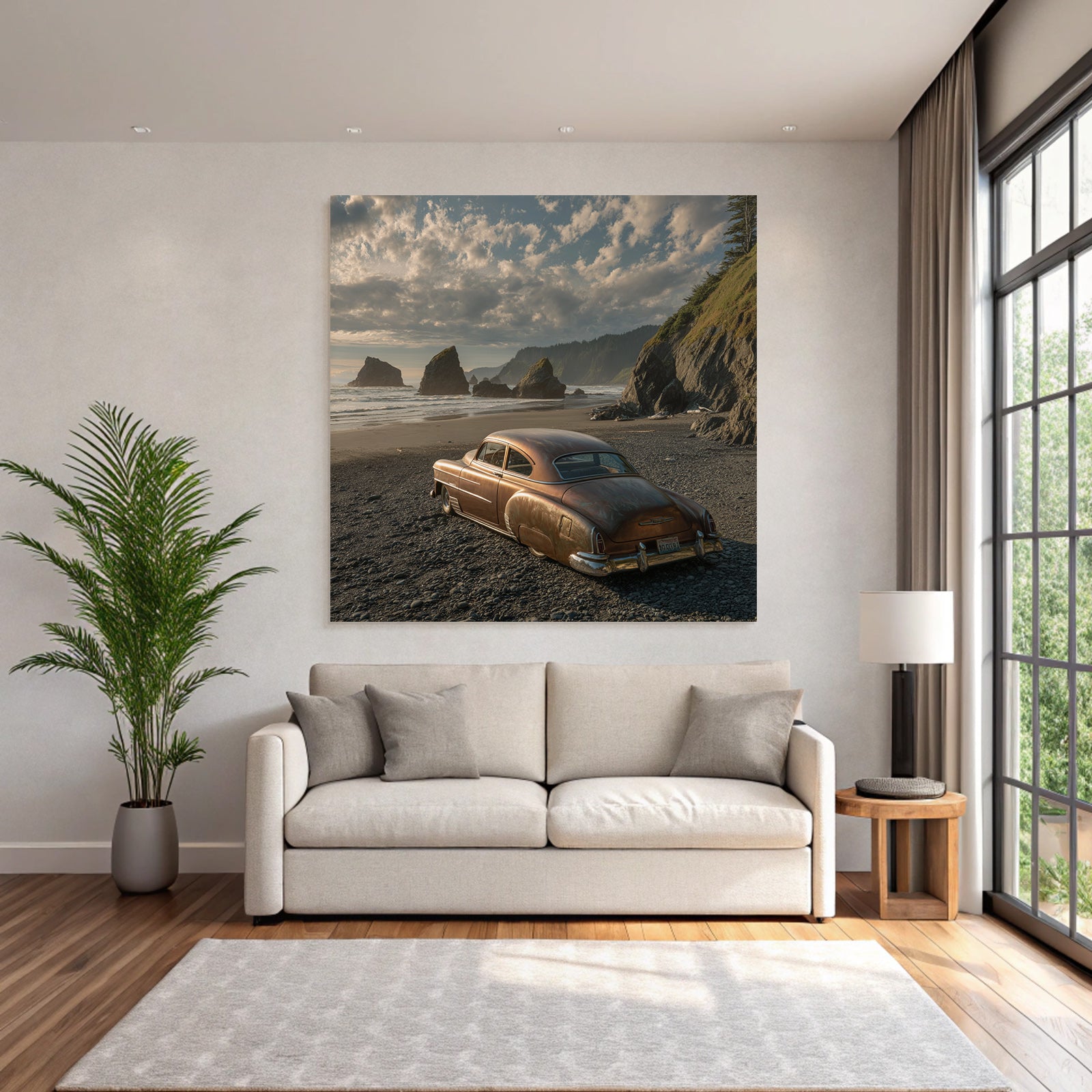 Forests and meadows. Old rusty car on the beach with cliffs in the background and sea under a cloudy sky.