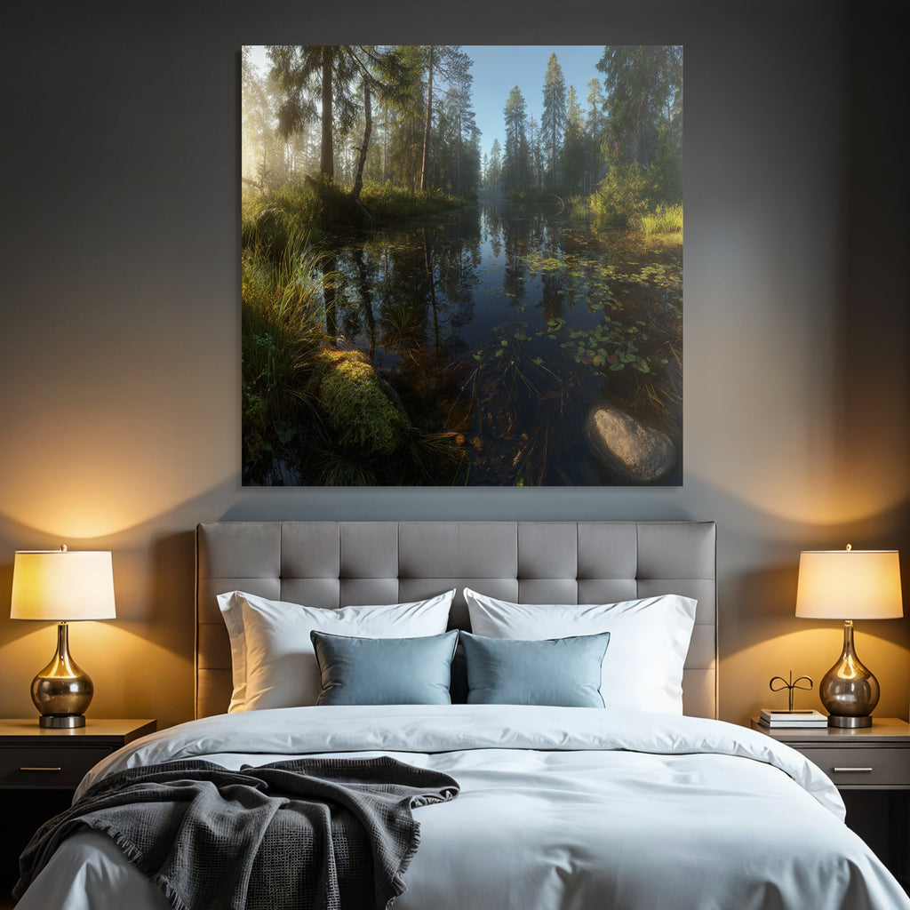 Forests and meadows, peaceful nature landscape, reflection on the water