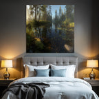 Forests and meadows, peaceful nature landscape, reflection on the water