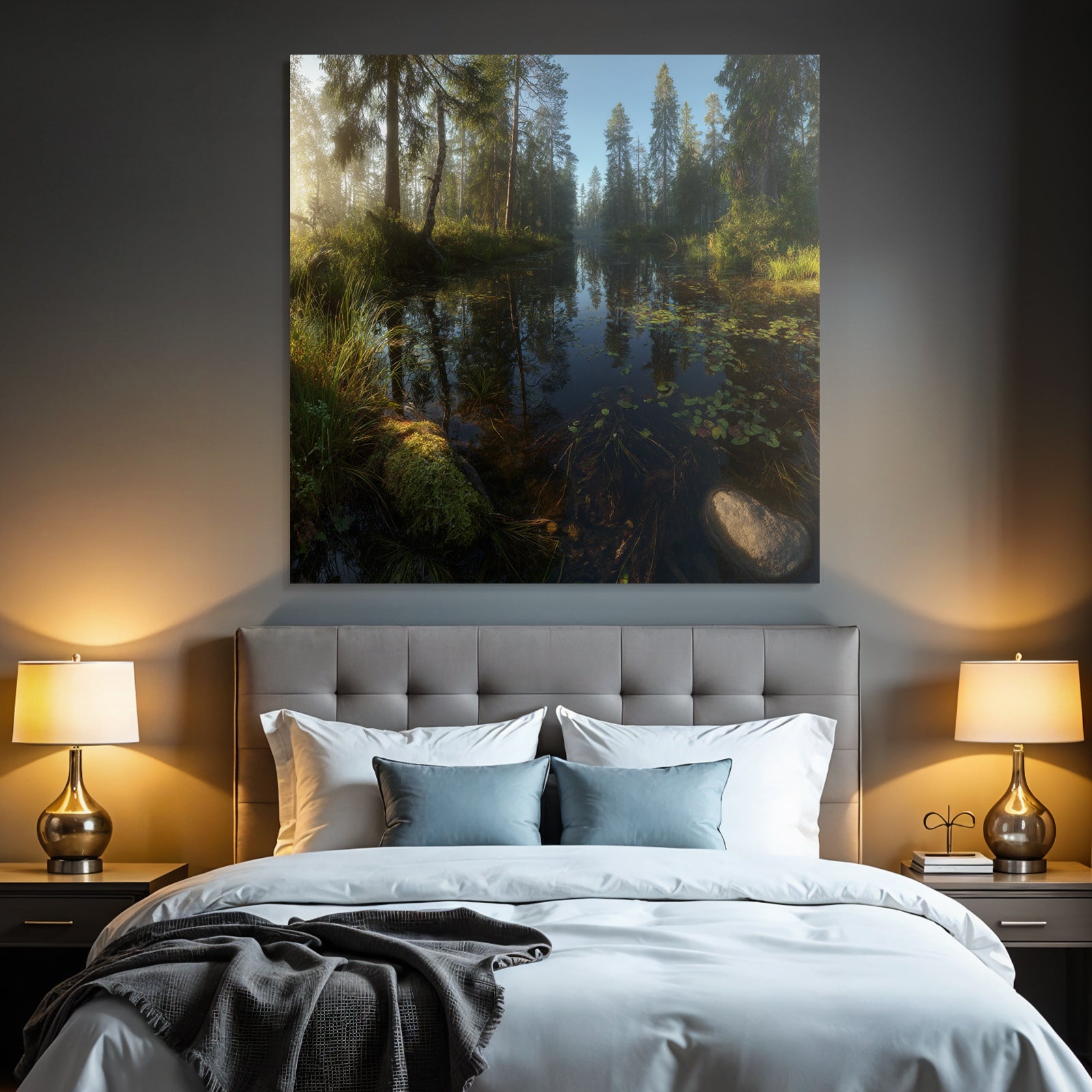 Forests and meadows, peaceful nature landscape, reflection on the water