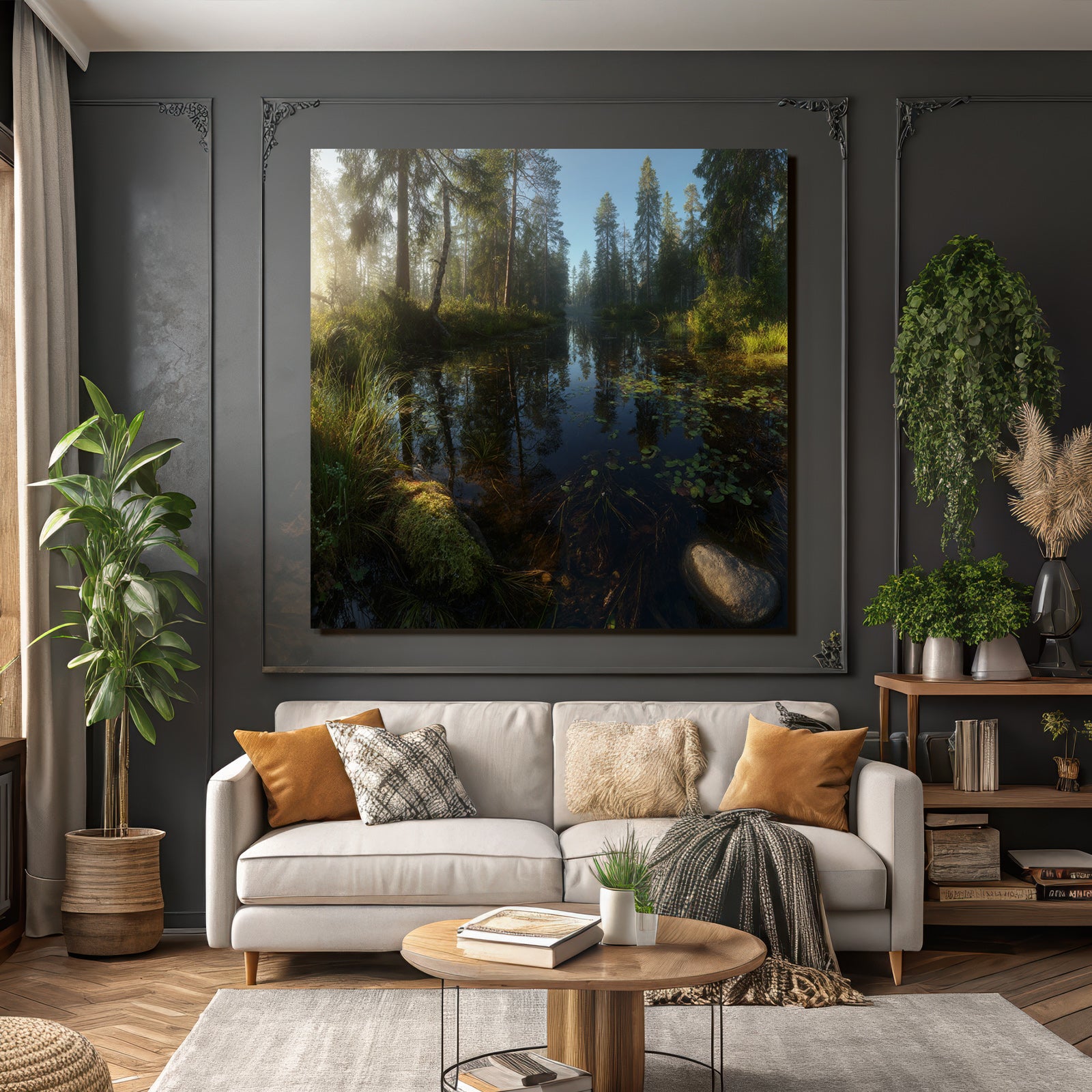 Forests and meadows, peaceful nature landscape, reflection on the water