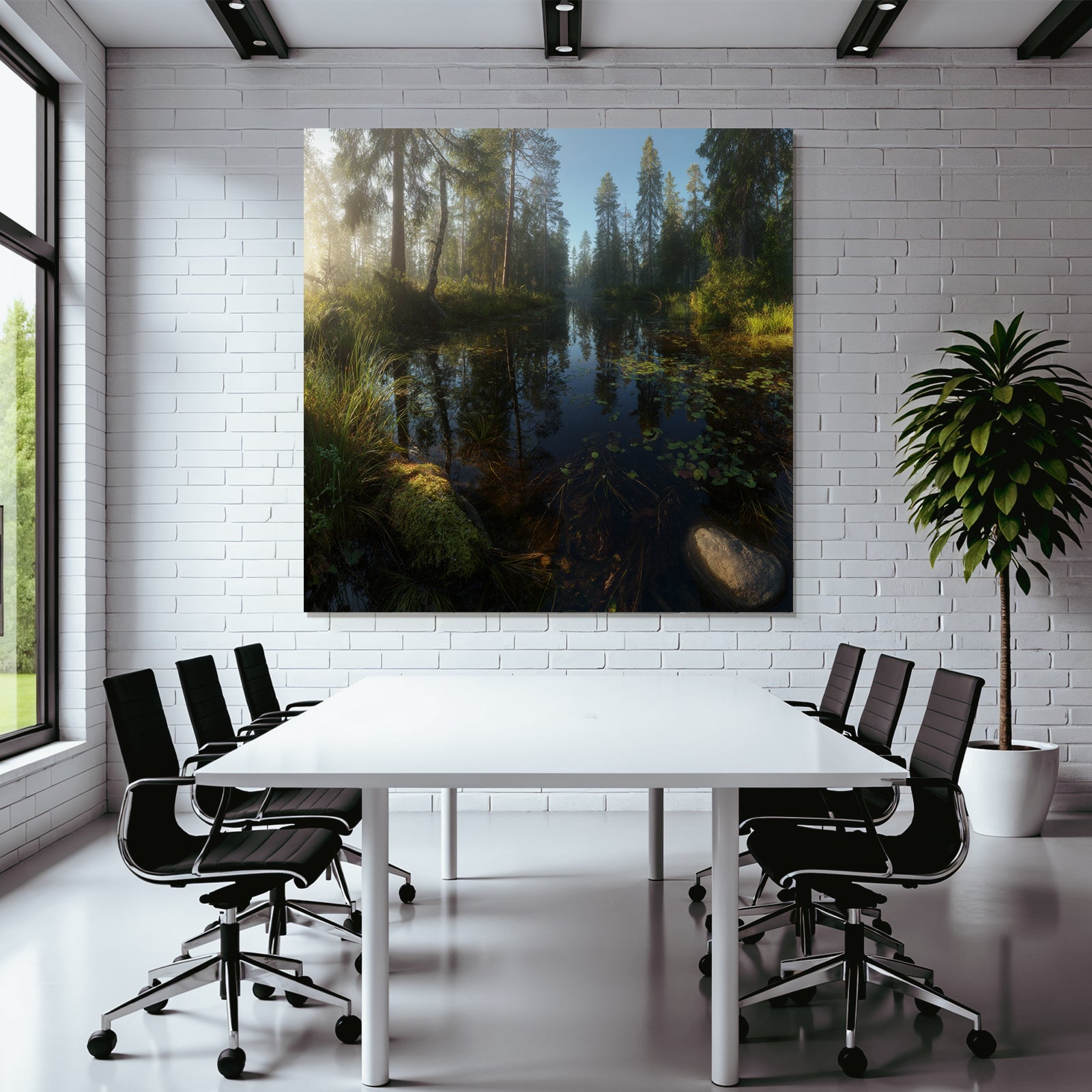 Forests and meadows, peaceful nature landscape, reflection on the water