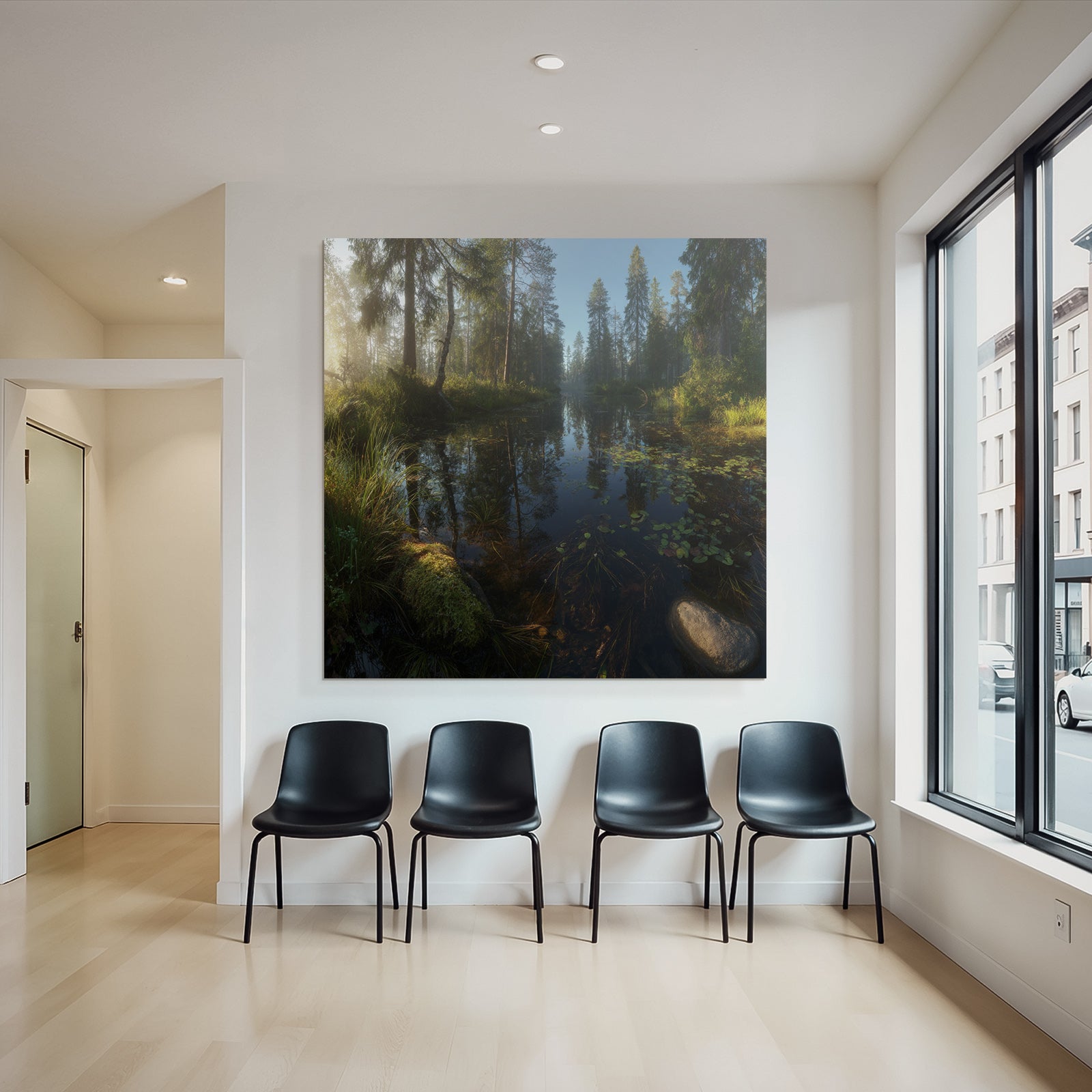 Forests and meadows, peaceful nature landscape, reflection on the water