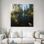 Forests and meadows, peaceful nature landscape, reflection on the water