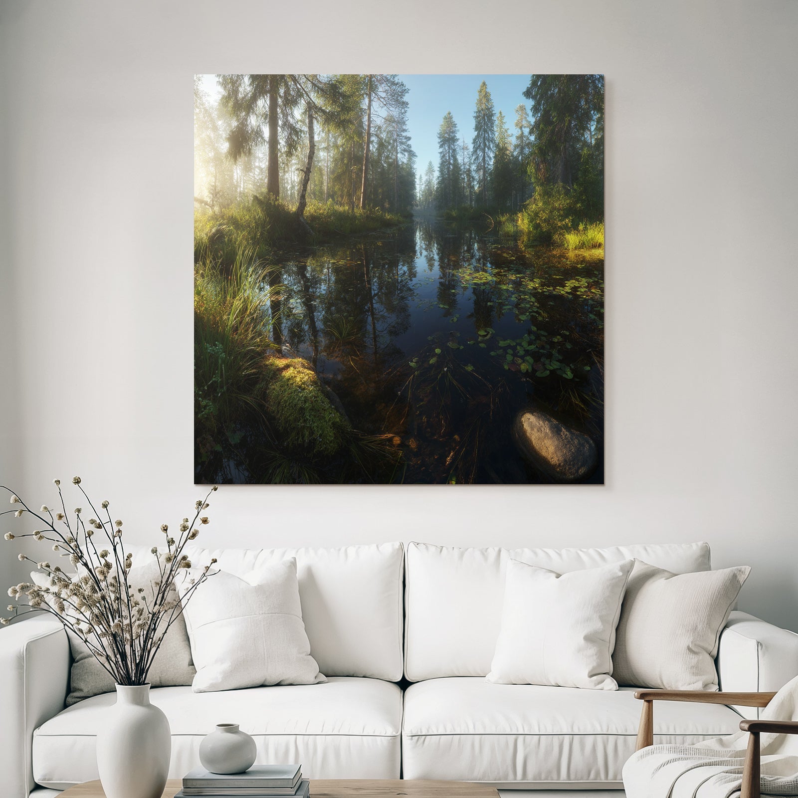 Forests and meadows, peaceful nature landscape, reflection on the water