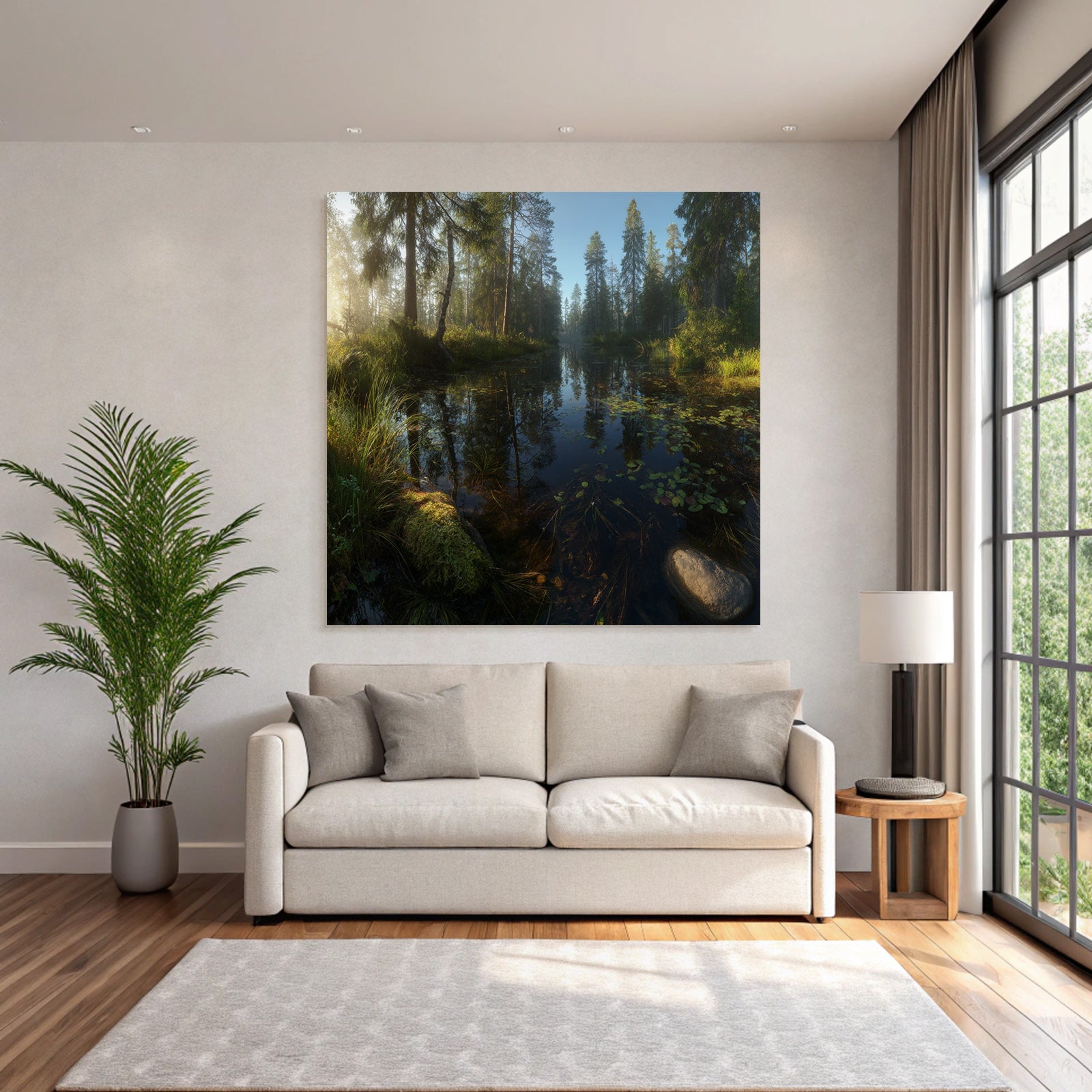 Forests and meadows, peaceful nature landscape, reflection on the water