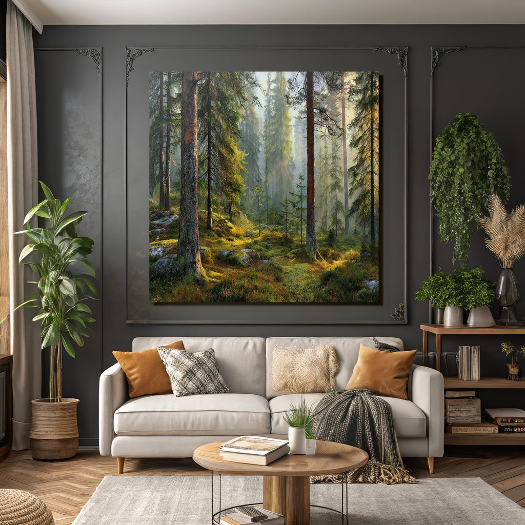 Forests and meadows Peaceful forest with fir trees and soft light
