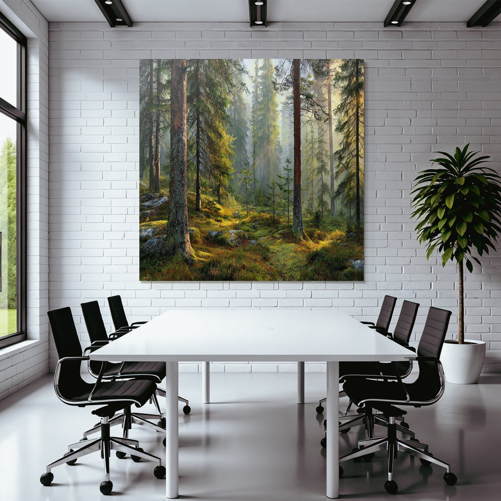 Forests and meadows Peaceful forest with fir trees and soft light