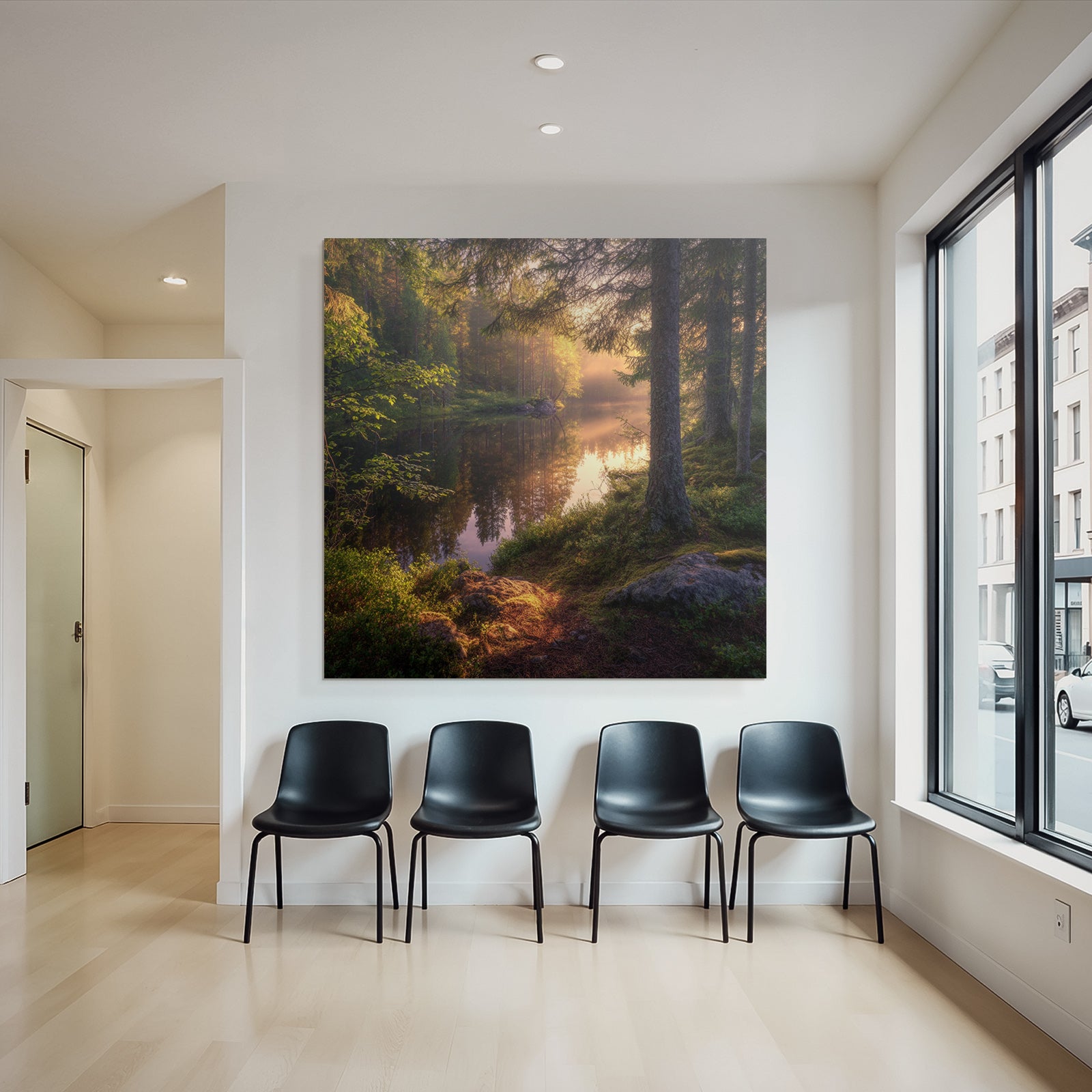 Forests and meadows Idyllic nature scene with forest and calm water