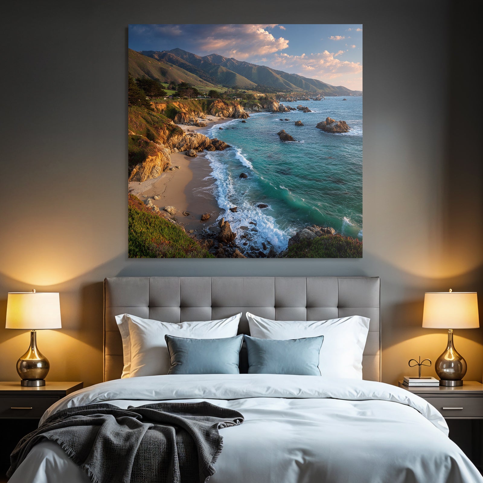 Forests and meadows Coastal landscape Rocky coast Gentle waves Green hills Sun reflection