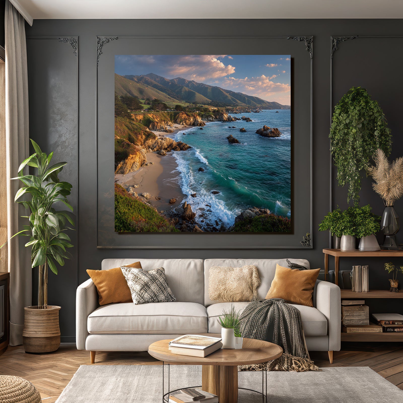 Forests and meadows Coastal landscape Rocky coast Gentle waves Green hills Sun reflection