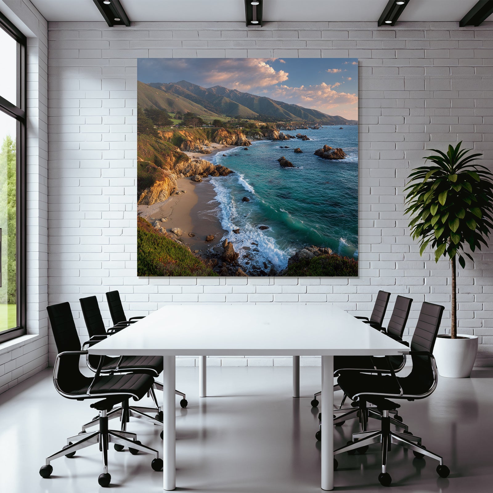 Forests and meadows Coastal landscape Rocky coast Gentle waves Green hills Sun reflection