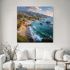 Forests and meadows Coastal landscape Rocky coast Gentle waves Green hills Sun reflection