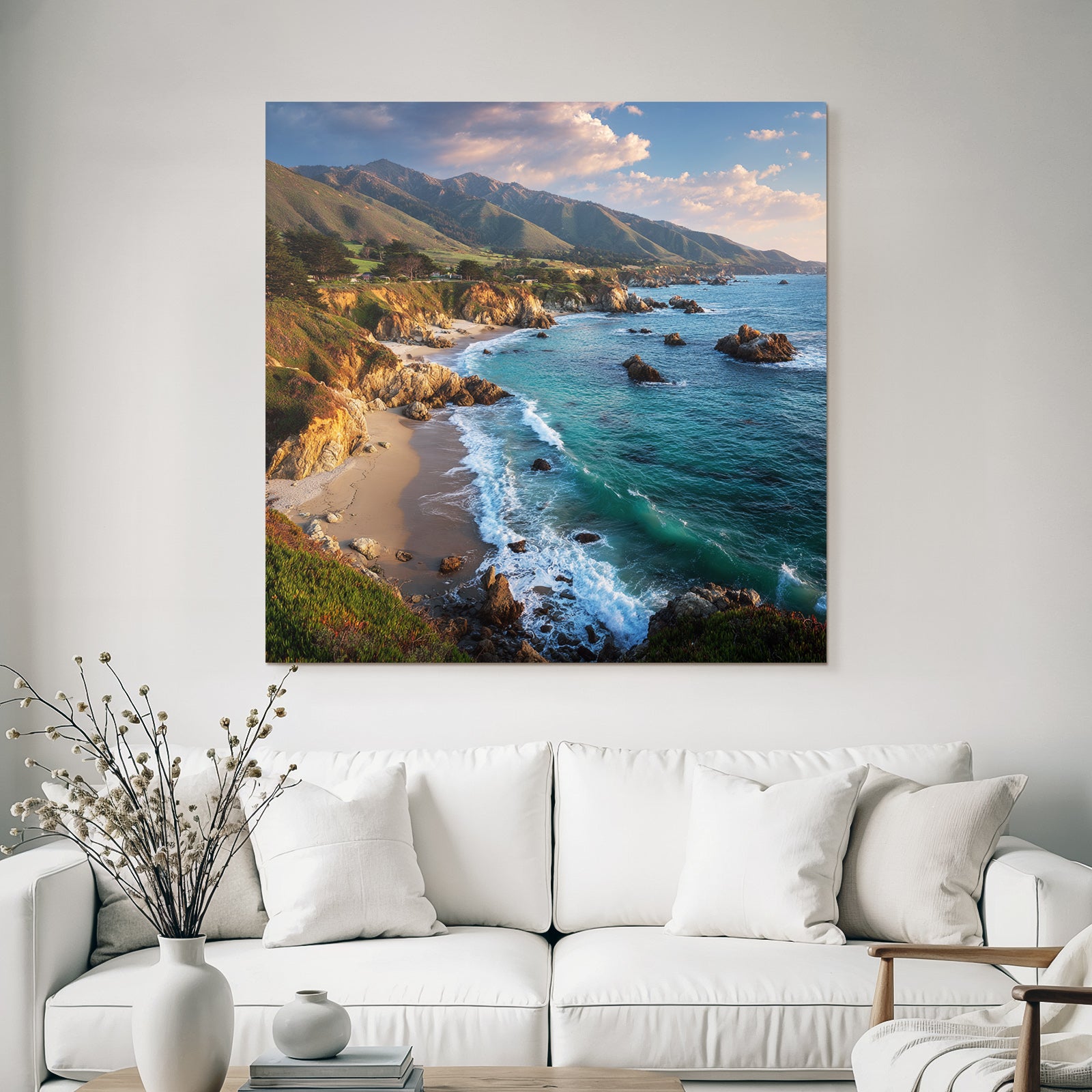 Forests and meadows Coastal landscape Rocky coast Gentle waves Green hills Sun reflection