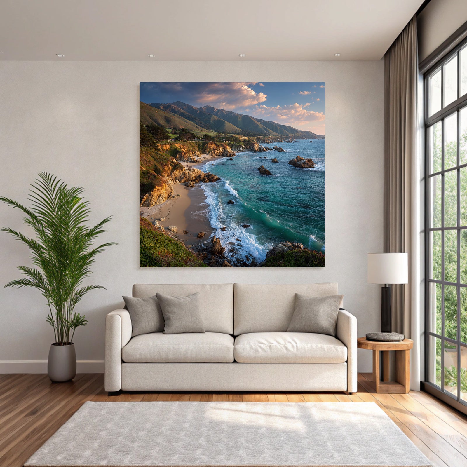 Forests and meadows Coastal landscape Rocky coast Gentle waves Green hills Sun reflection