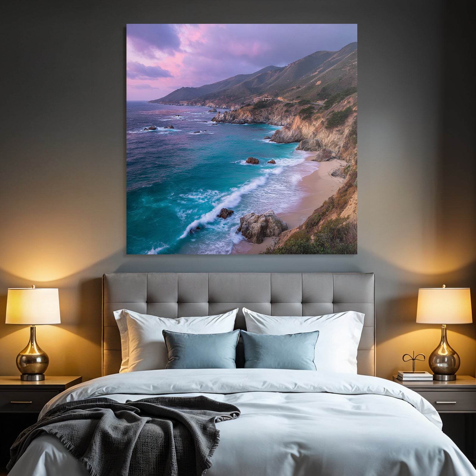 Forests and meadows coastal scene with waves and hills in the background sunrise or sunset