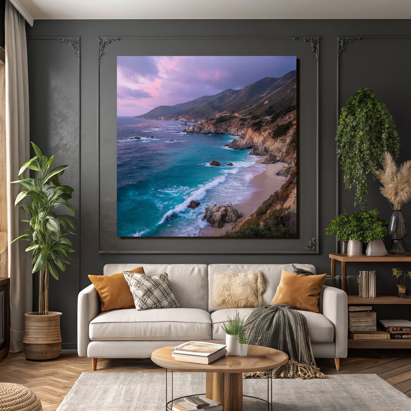 Forests and meadows coastal scene with waves and hills in the background sunrise or sunset