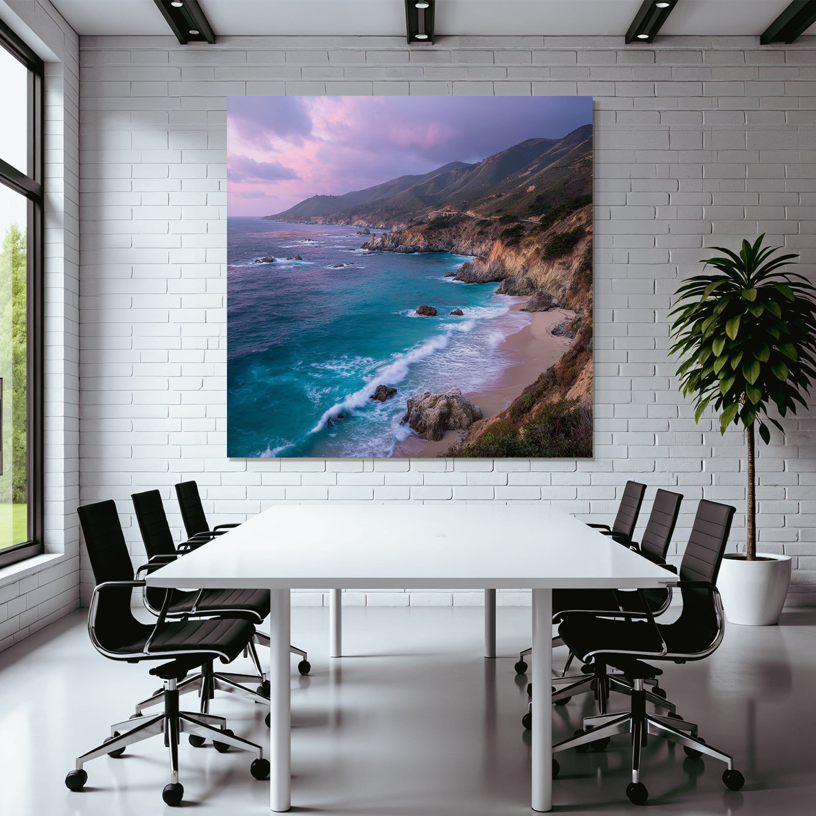 Forests and meadows coastal scene with waves and hills in the background sunrise or sunset