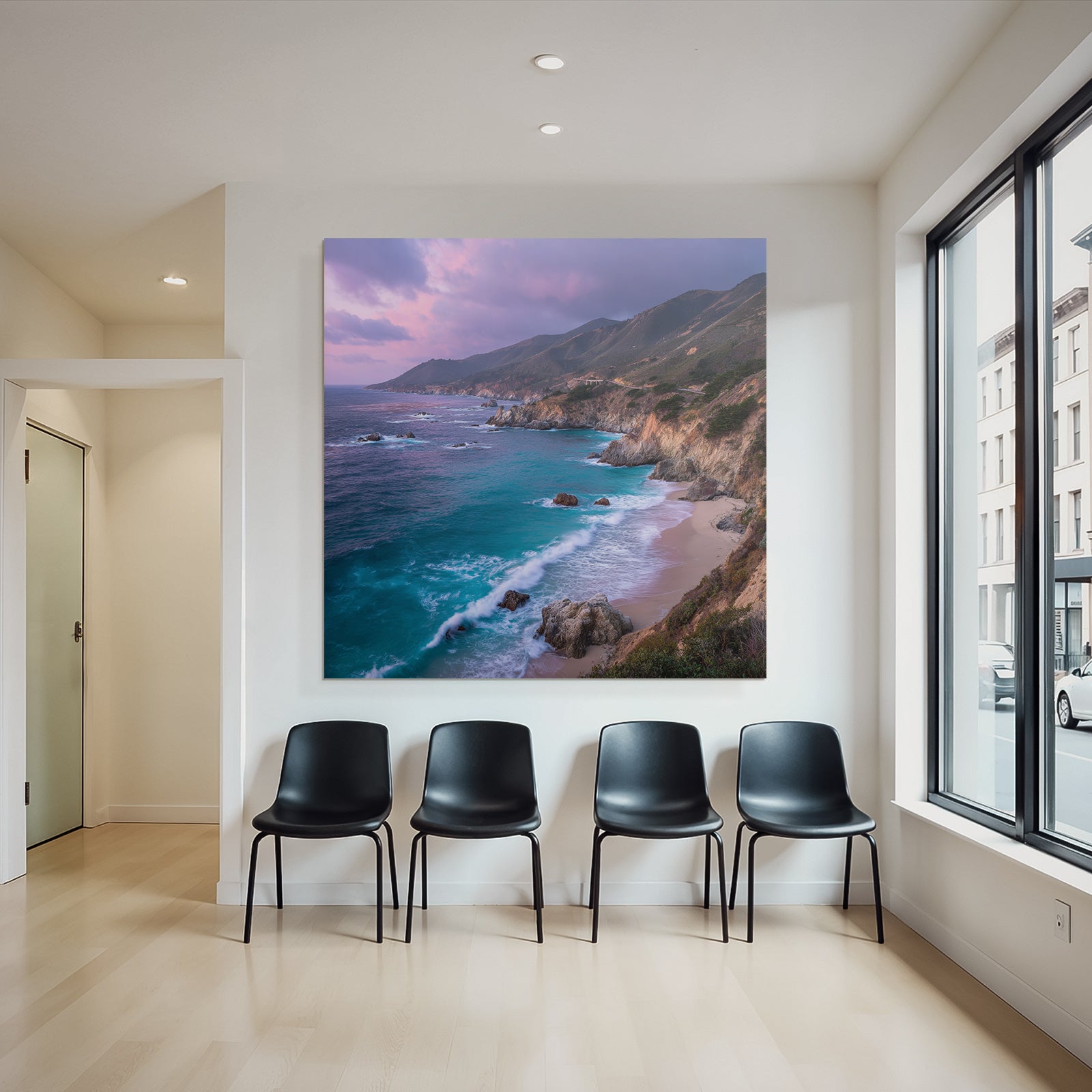 Forests and meadows coastal scene with waves and hills in the background sunrise or sunset