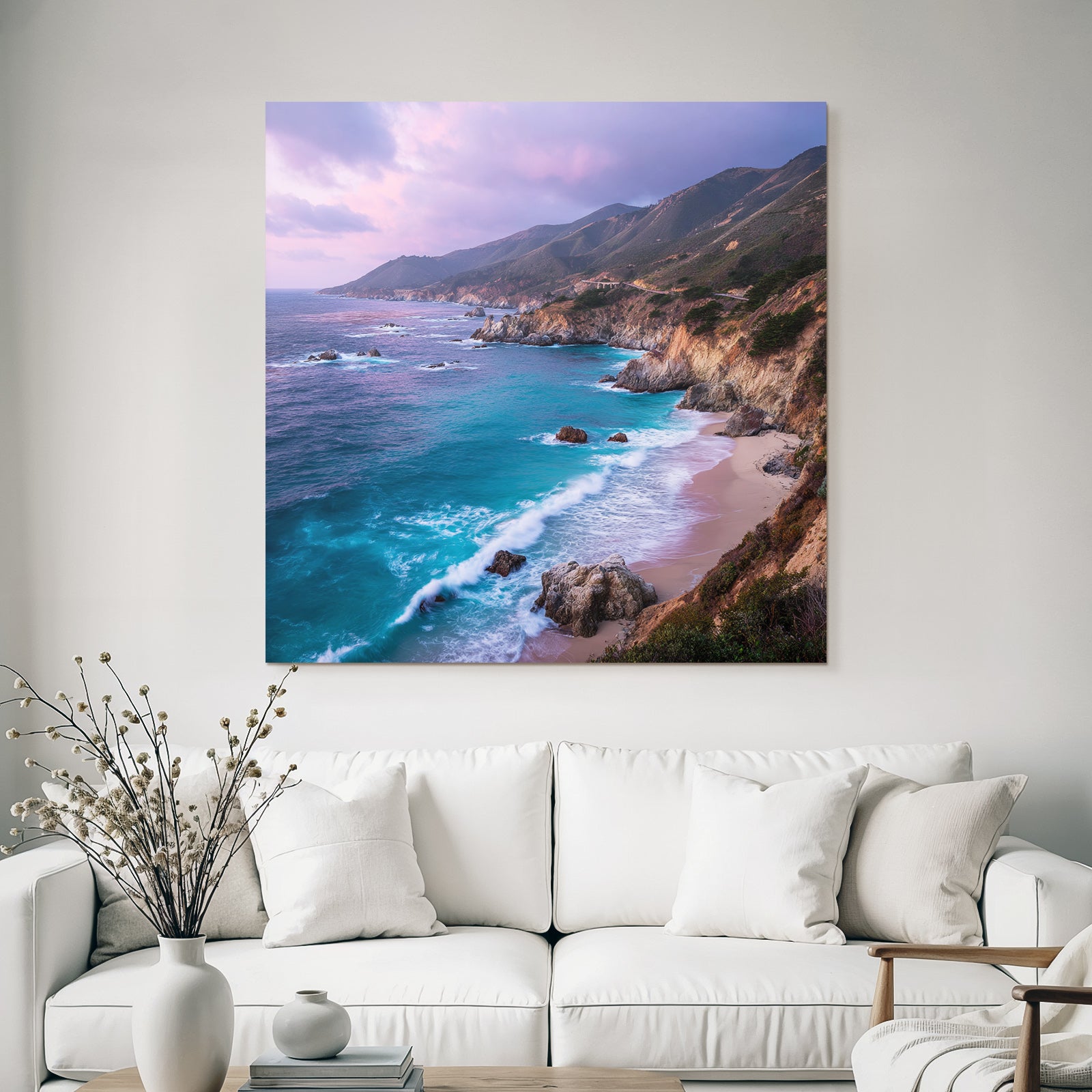 Forests and meadows coastal scene with waves and hills in the background sunrise or sunset