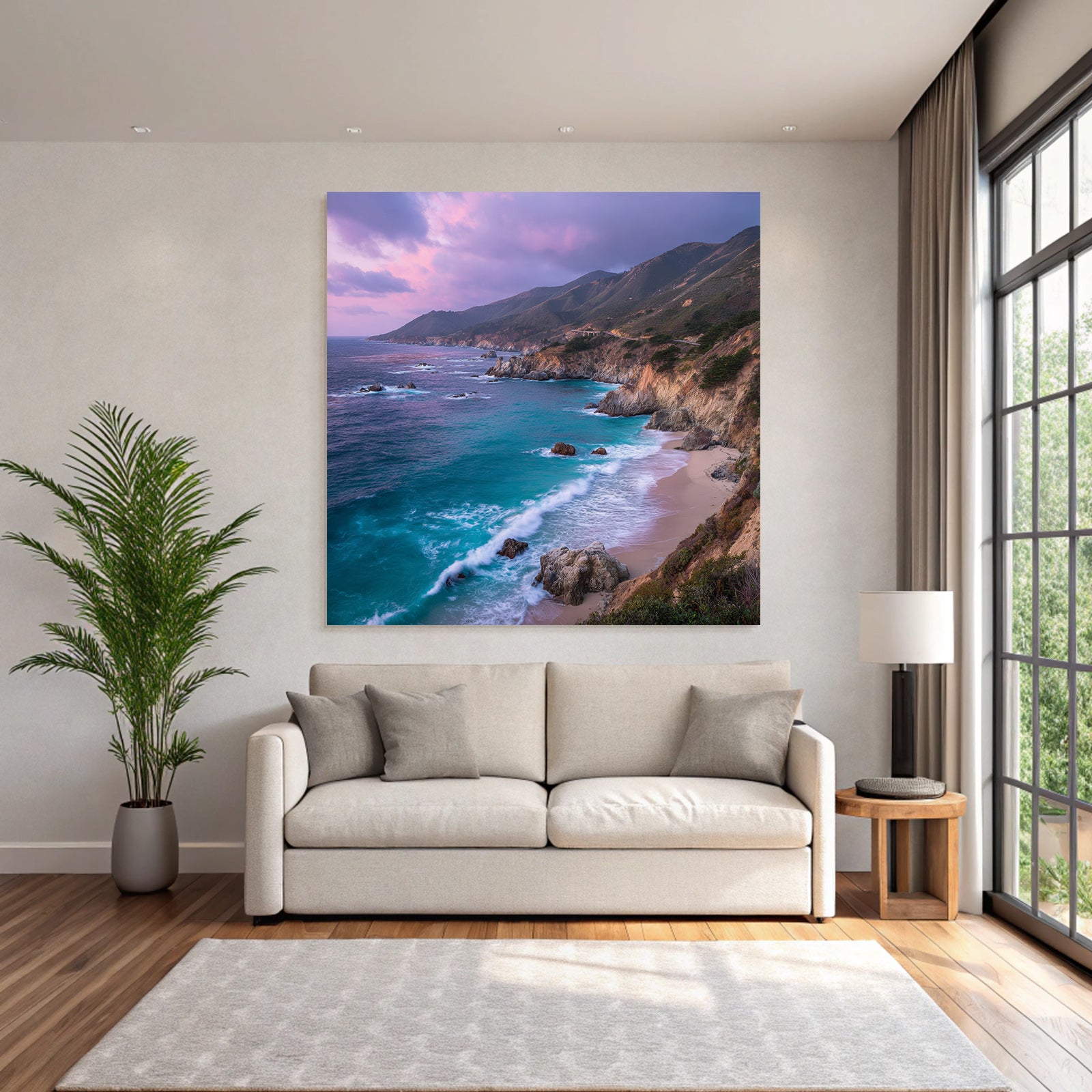 Forests and meadows coastal scene with waves and hills in the background sunrise or sunset