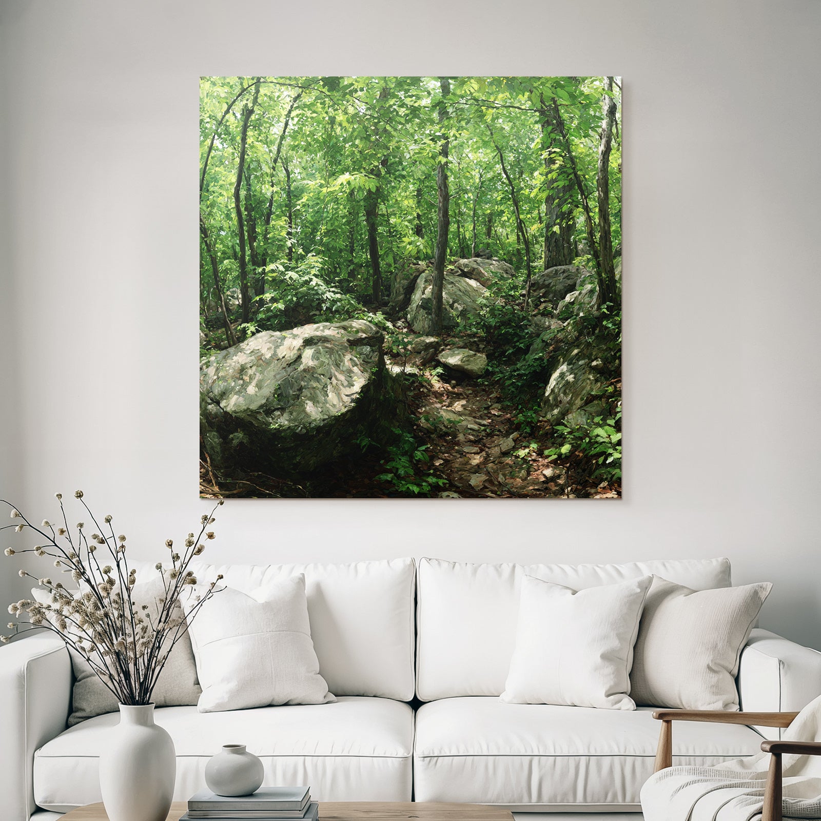 Forests and meadows Lush green forest with path and rocks