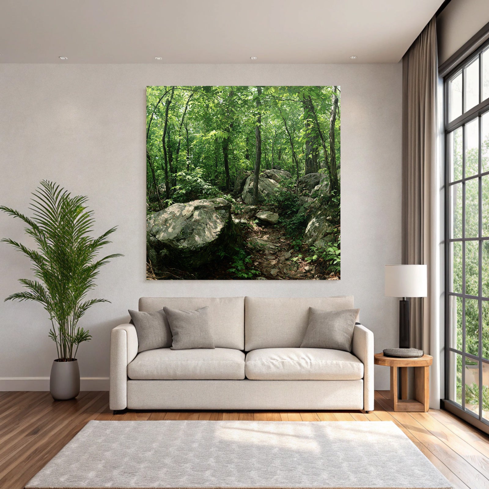 Forests and meadows Lush green forest with path and rocks