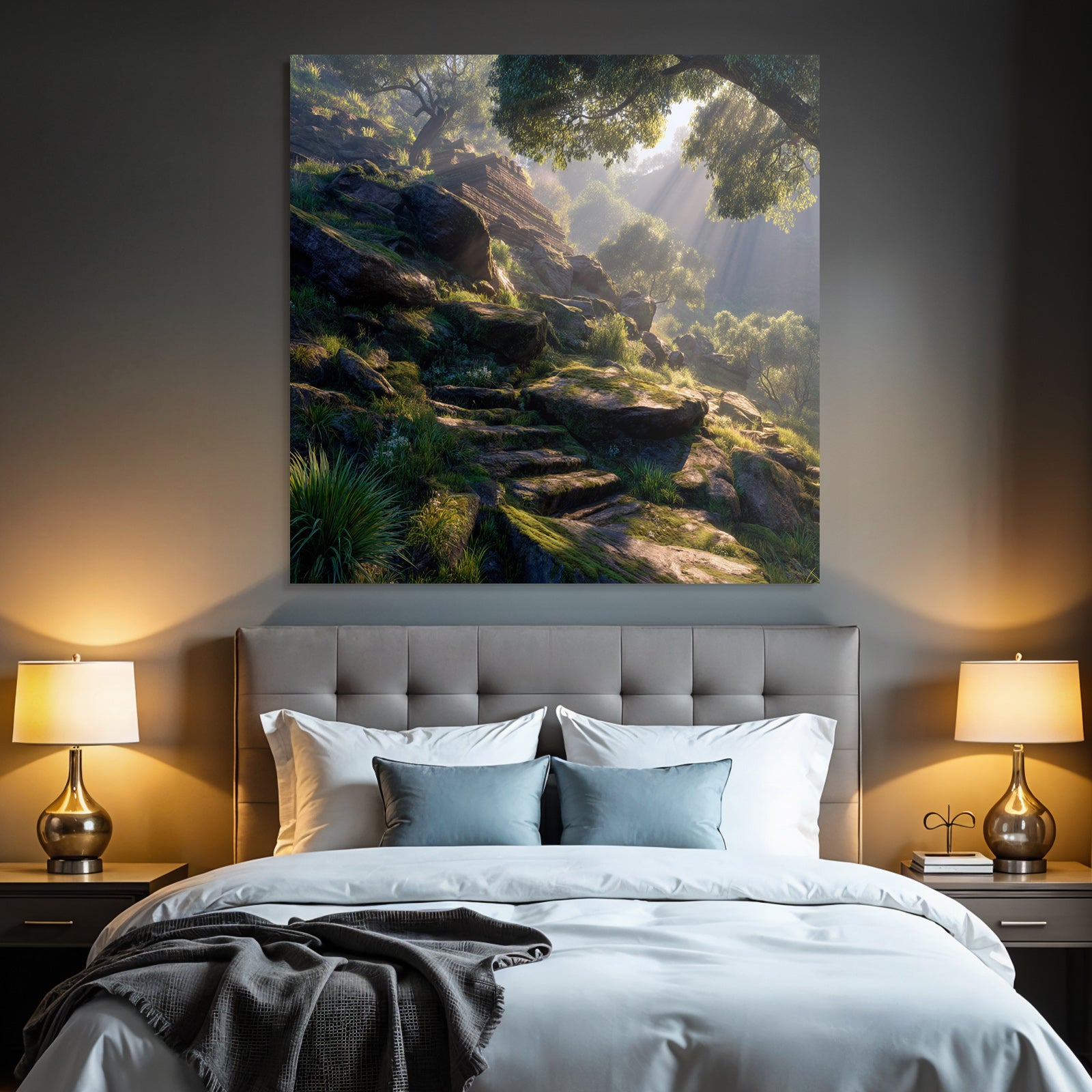Forests and meadows. Peaceful nature landscape with rocks and green trees.