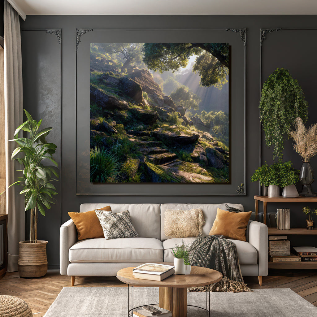 Forests and meadows. Peaceful nature landscape with rocks and green trees.