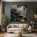 Forests and meadows. Peaceful nature landscape with rocks and green trees.