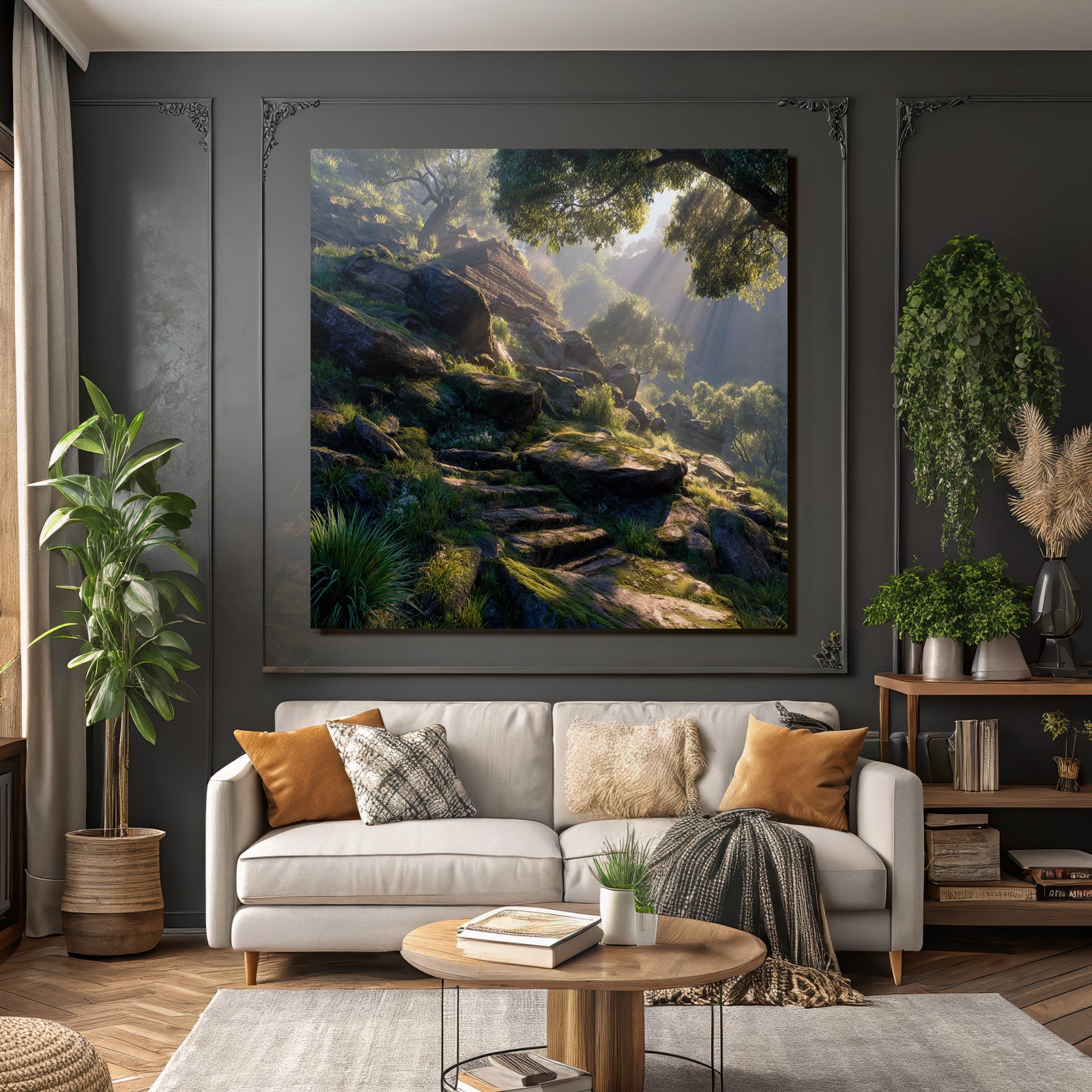 Forests and meadows. Peaceful nature landscape with rocks and green trees.
