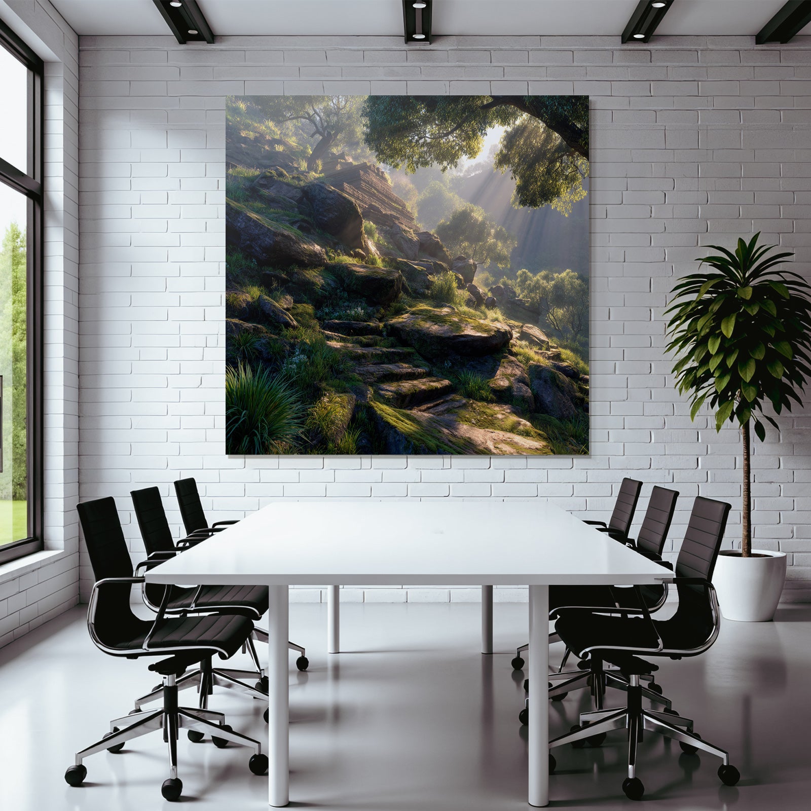 Forests and meadows. Peaceful nature landscape with rocks and green trees.