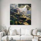 Forests and meadows. Peaceful nature landscape with rocks and green trees.