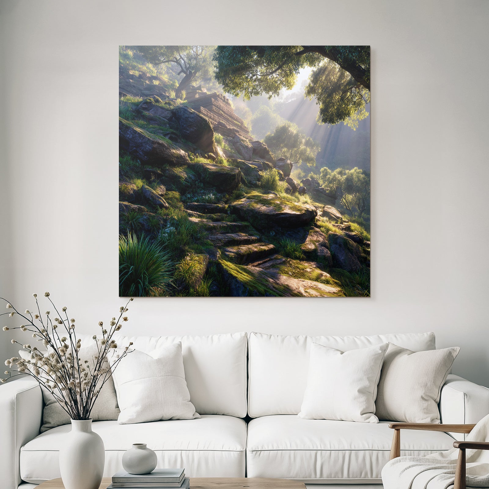 Forests and meadows. Peaceful nature landscape with rocks and green trees.