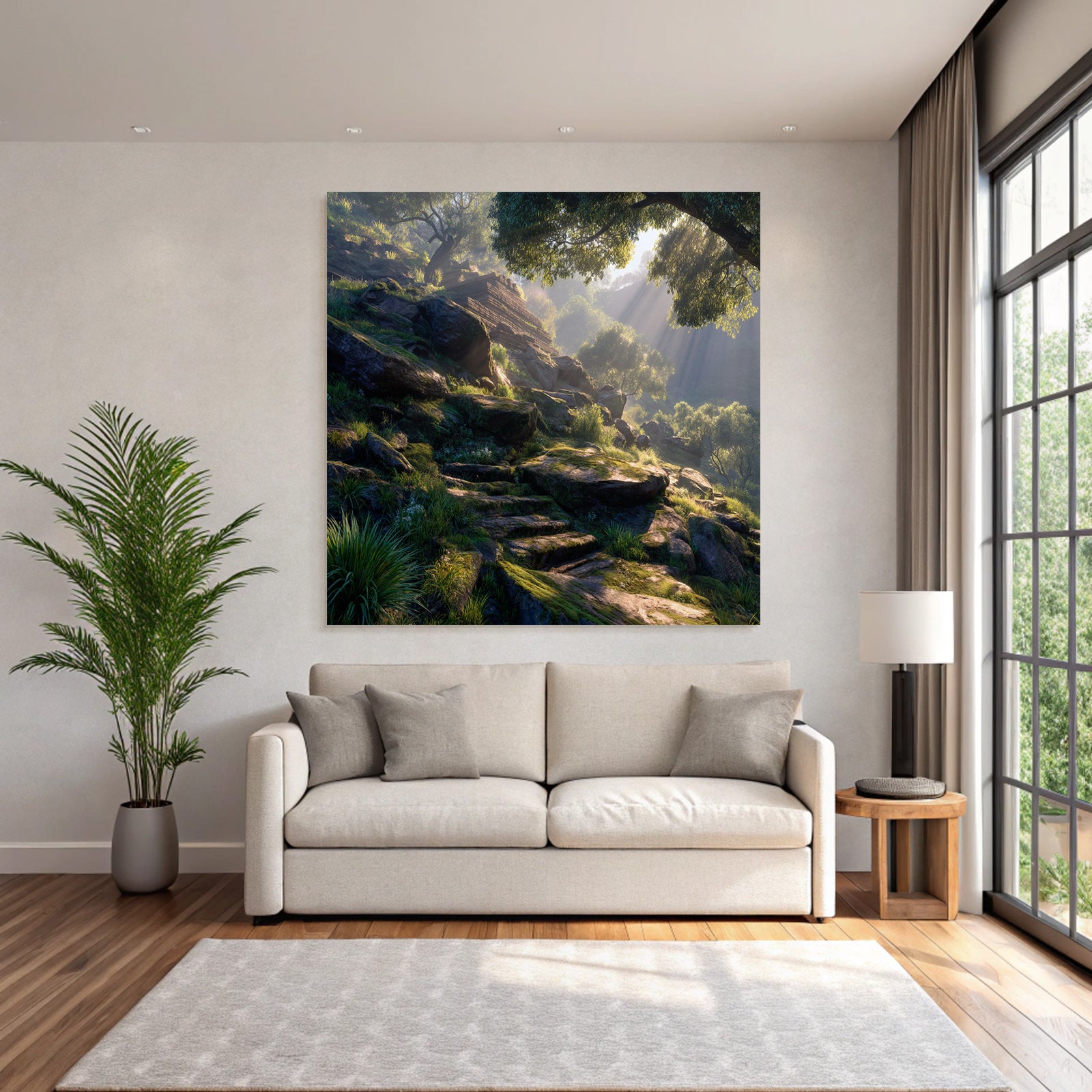 Forests and meadows. Peaceful nature landscape with rocks and green trees.