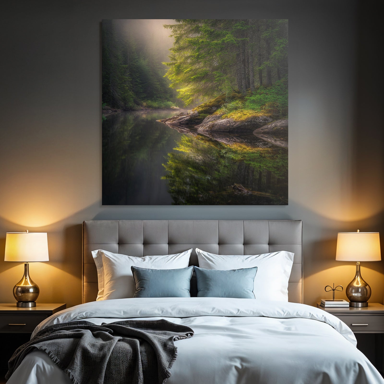 Forests and meadows, tranquil nature landscape with water and fog