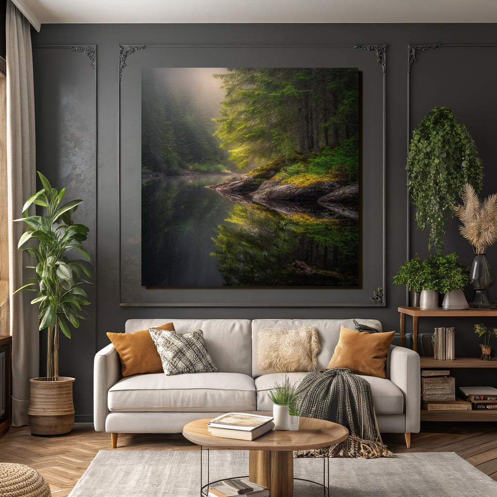 Forests and meadows, tranquil nature landscape with water and fog